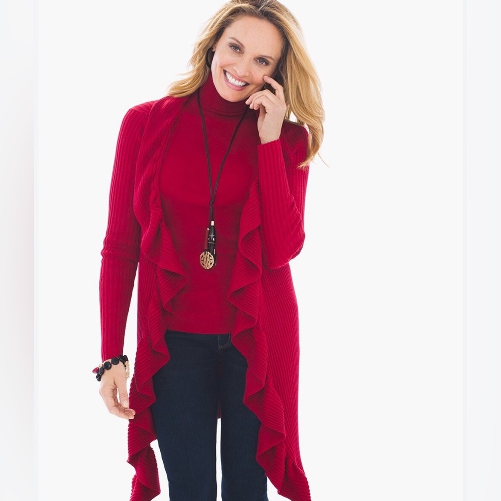 Chico’s red longline cardigan with ruffles